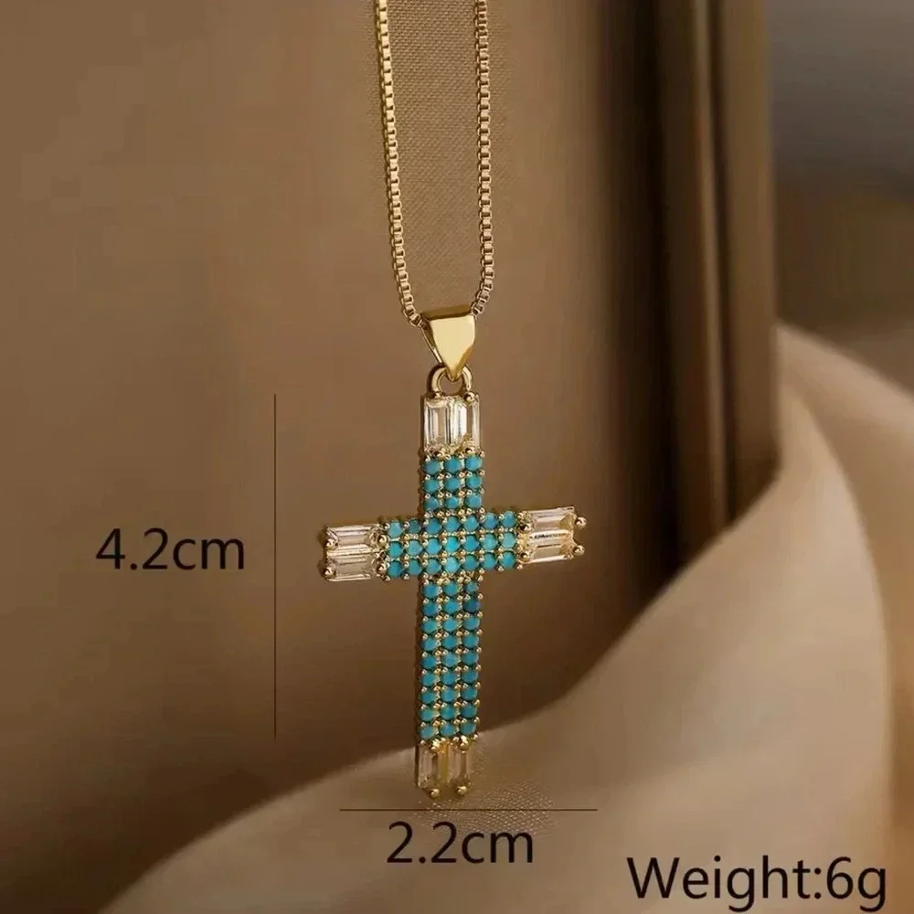 Maria Turquoise Cross Crystal Gold Necklace - Picture 2 of 3
